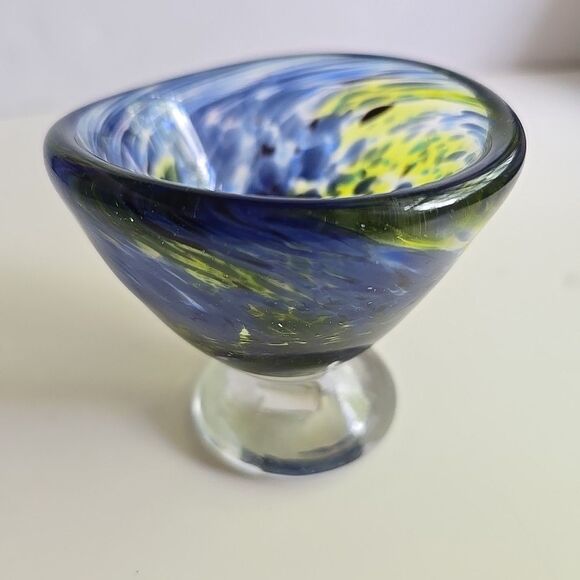 Hand Blown Art Glass Bowl Footed Blue Green Swirl Small 3" - Picture 5 of 9